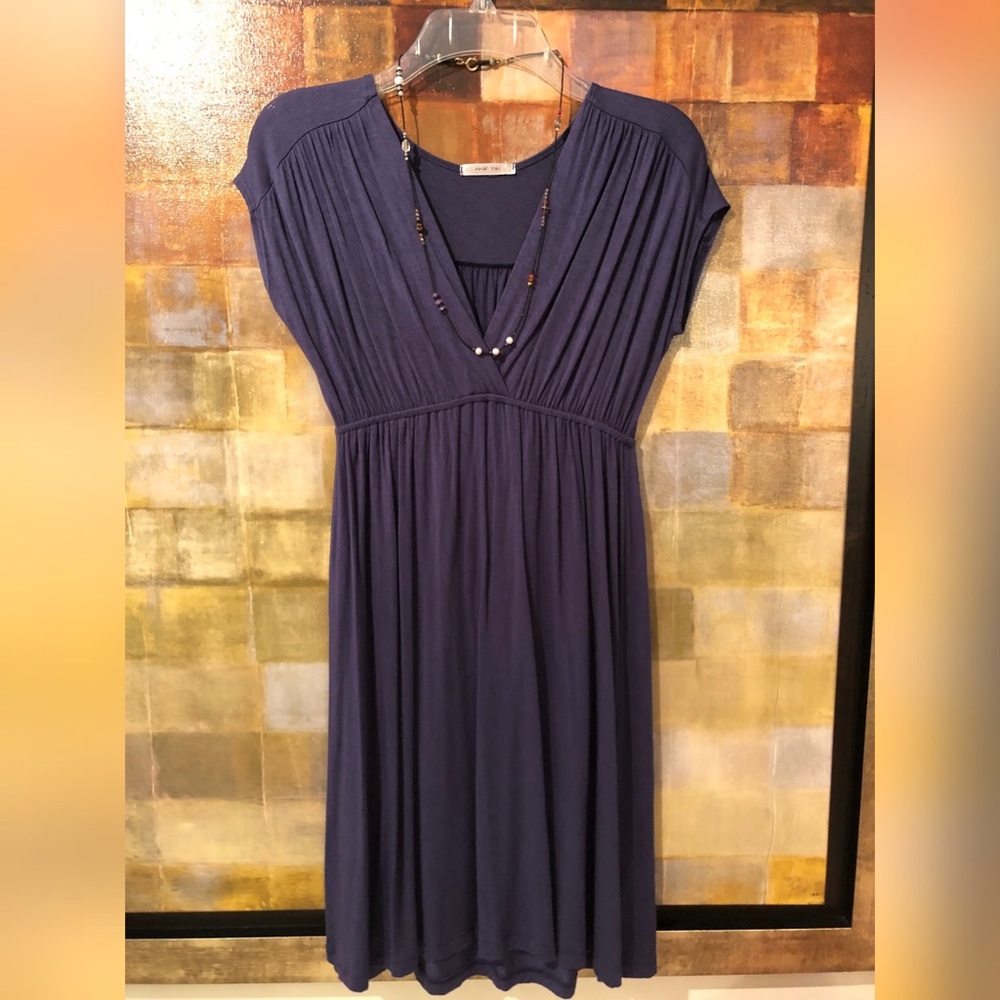 MAI TAI Blue-Purple Deep SS V-Neck Pleated Dress EUC
